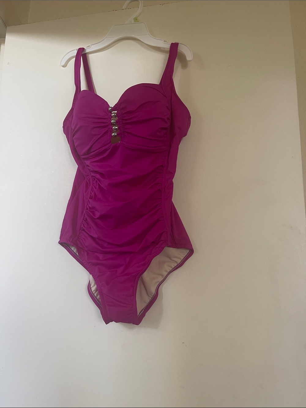 LM Beach One-Piece Swimsuit in Magenta with Decorative Front Accents -Size 12